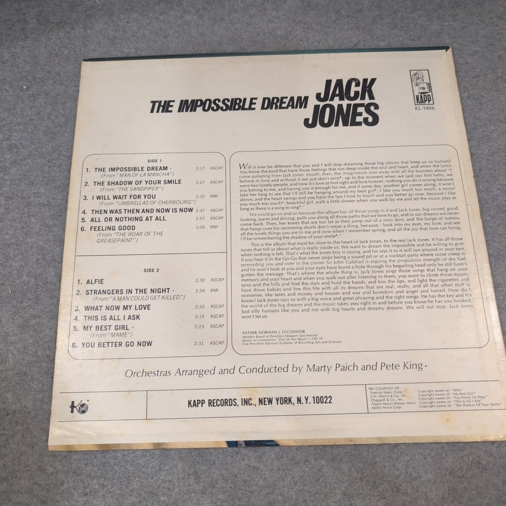 Jack Jones The Impossible Dream Vinyl LP Mono Kapp Records KL-1486 1966 - Picture 2 of 6